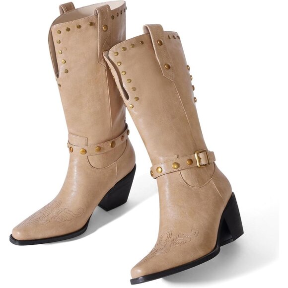 Womens Beige Faux Leather Mid Calf Square Toe Block Chunky Heel Studded Boots - Picture 3 of 6